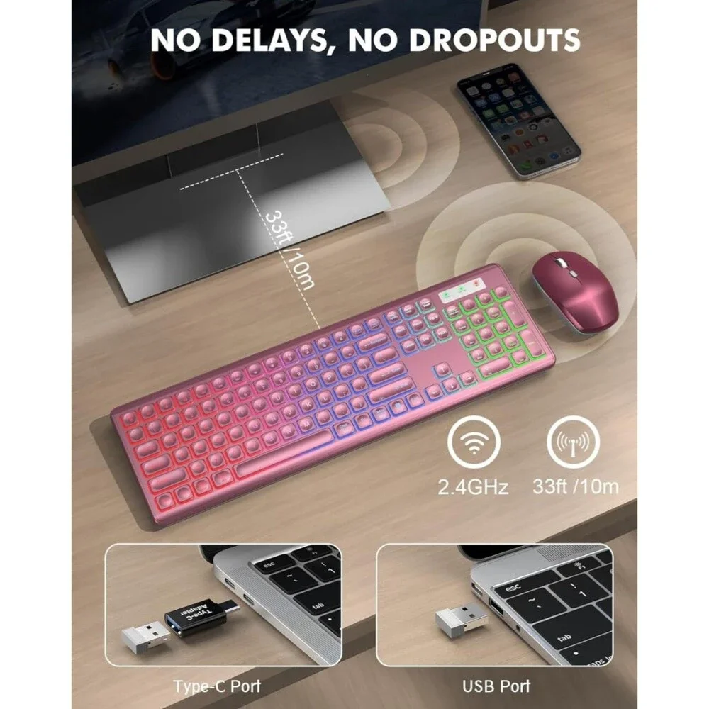 Wireless Keyboard and Mouse Combo, RGB Backlit Rechargeable Soft Typing Wine Red